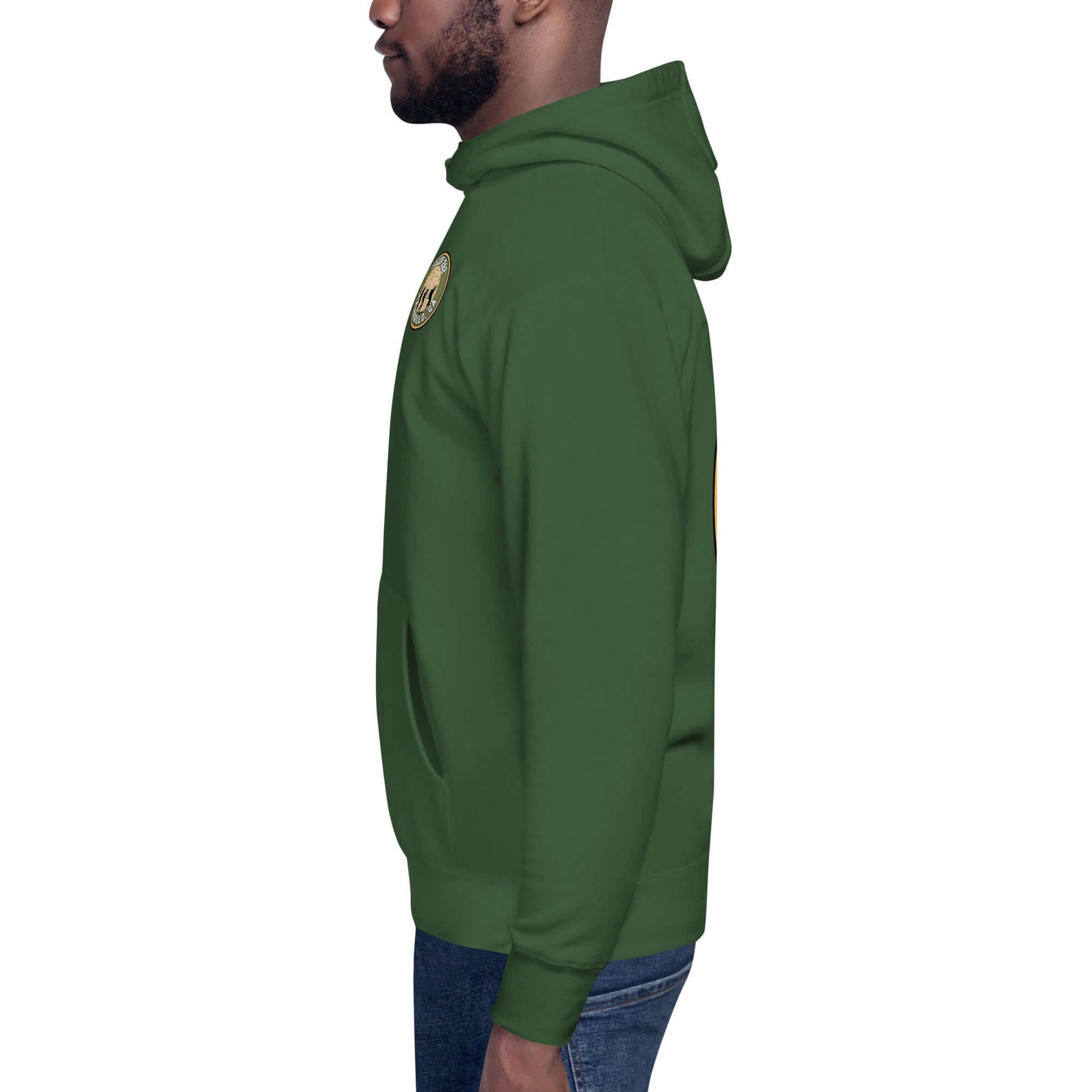 Side view of a green adult unisex hoodie, Assistant Scout Master Edition, featuring a stylish design for outdoor activities.