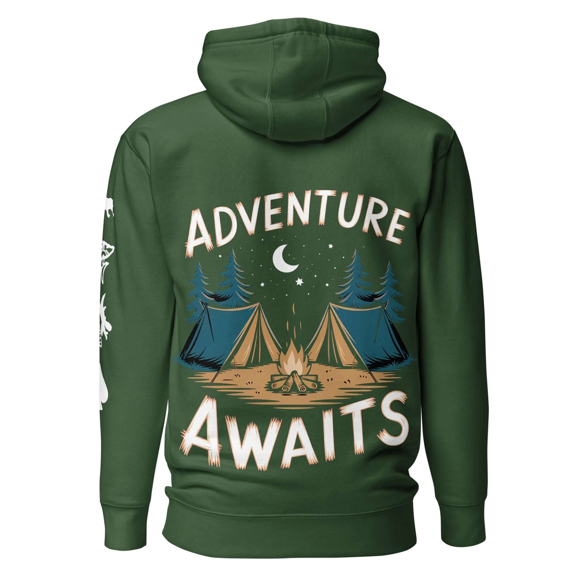 Adult unisex hoodie with 'Adventure Awaits' graphic, featuring tents and campfire design. Perfect for outdoor enthusiasts.