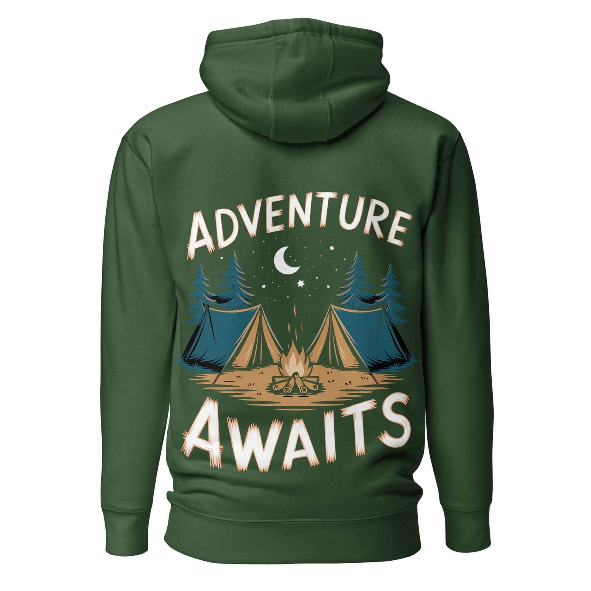 Hiking themed adult unisex hoodie featuring 'Adventure Awaits' design with tents and trees.