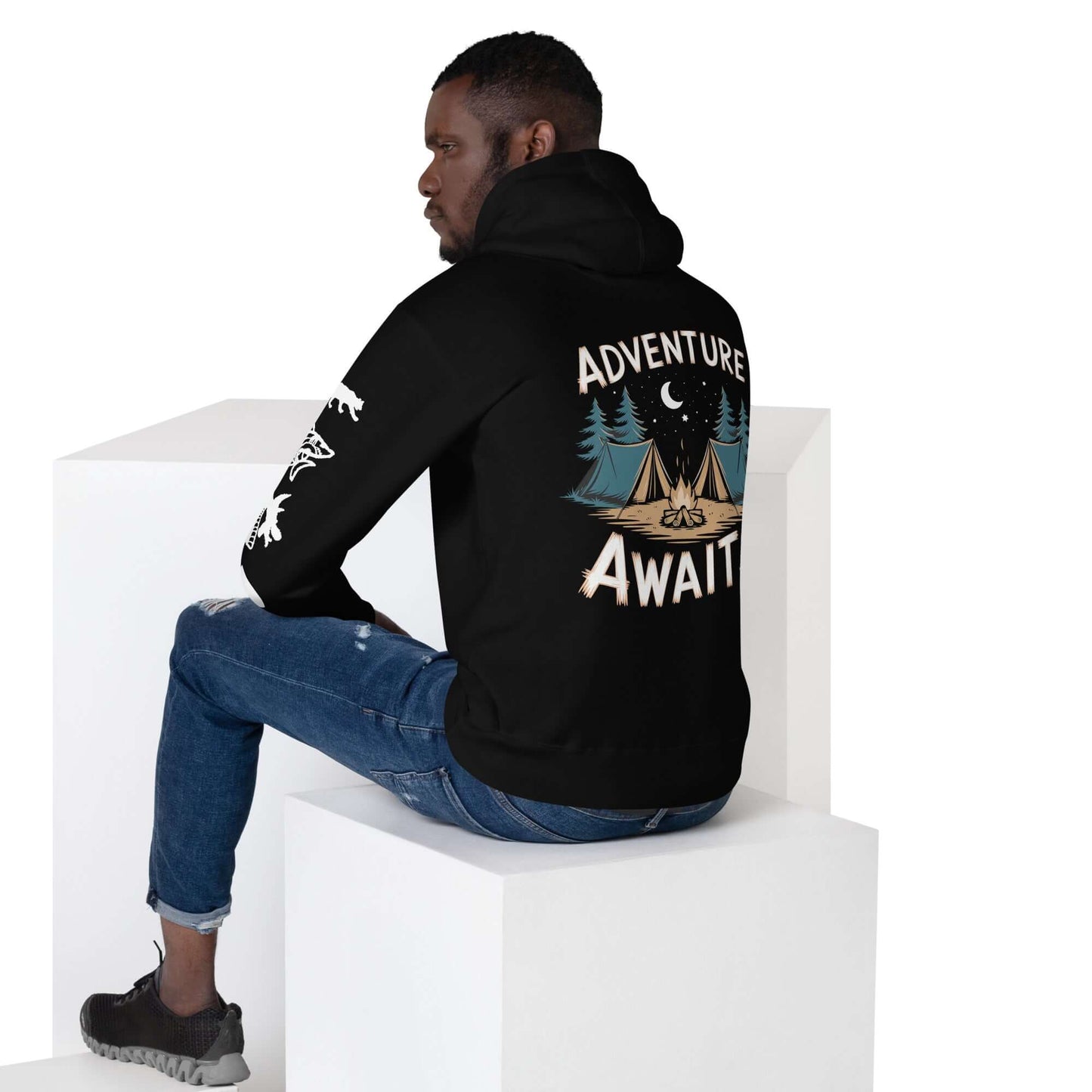 Adult unisex hoodie in black with 'Adventure Awaits' design, perfect for camping and outdoor activities.