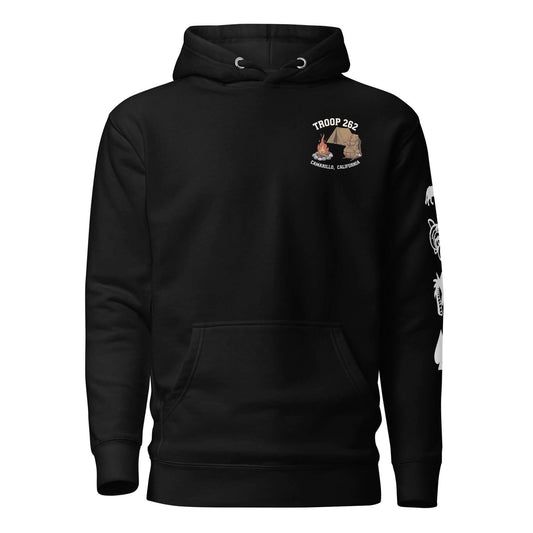 Adult unisex hoodie featuring Troop 262 emblem, perfect for camping and everyday wear.