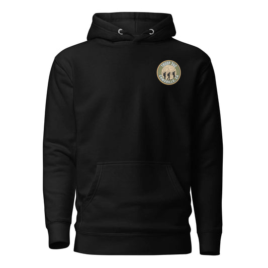 Adult unisex black hoodie with a front pouch pocket and hiking logo, perfect for outdoor adventures and casual wear.