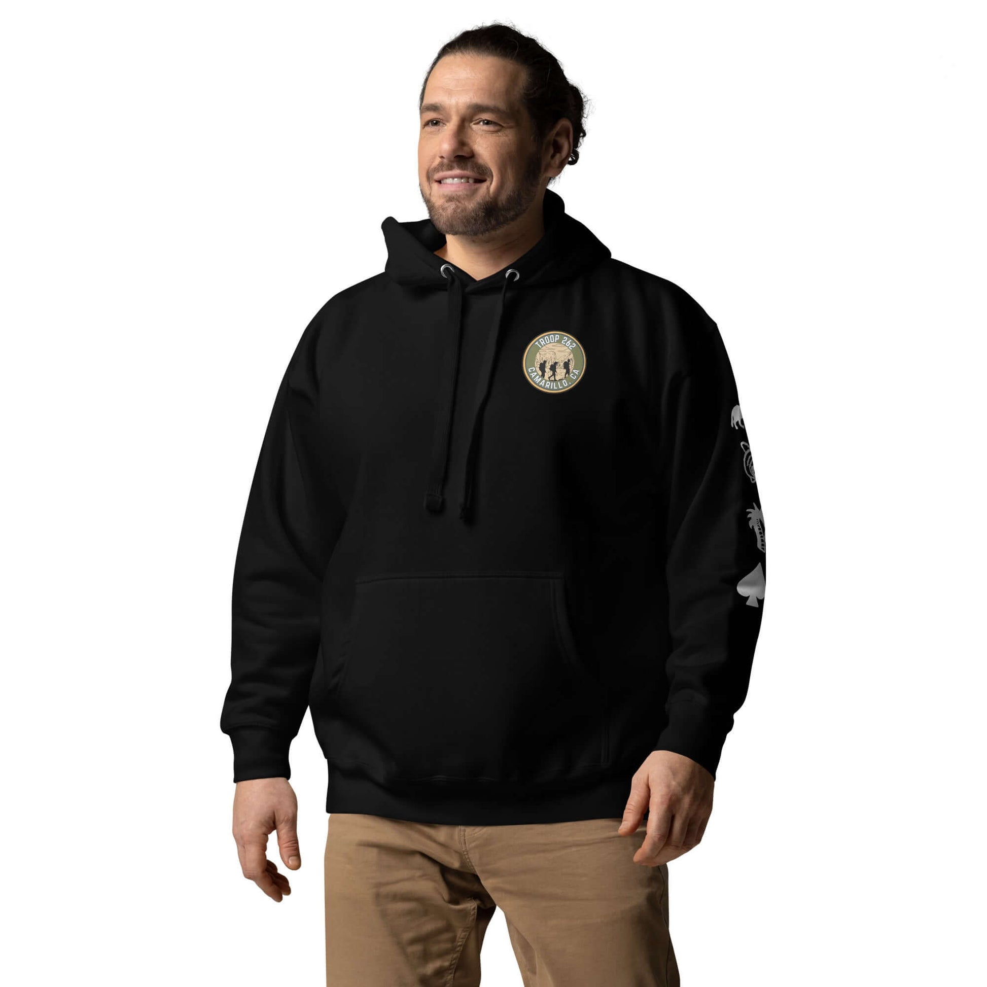 Adult Unisex Hoodie – Hiking Ultimate Edition worn by man, featuring a soft black design and logo.