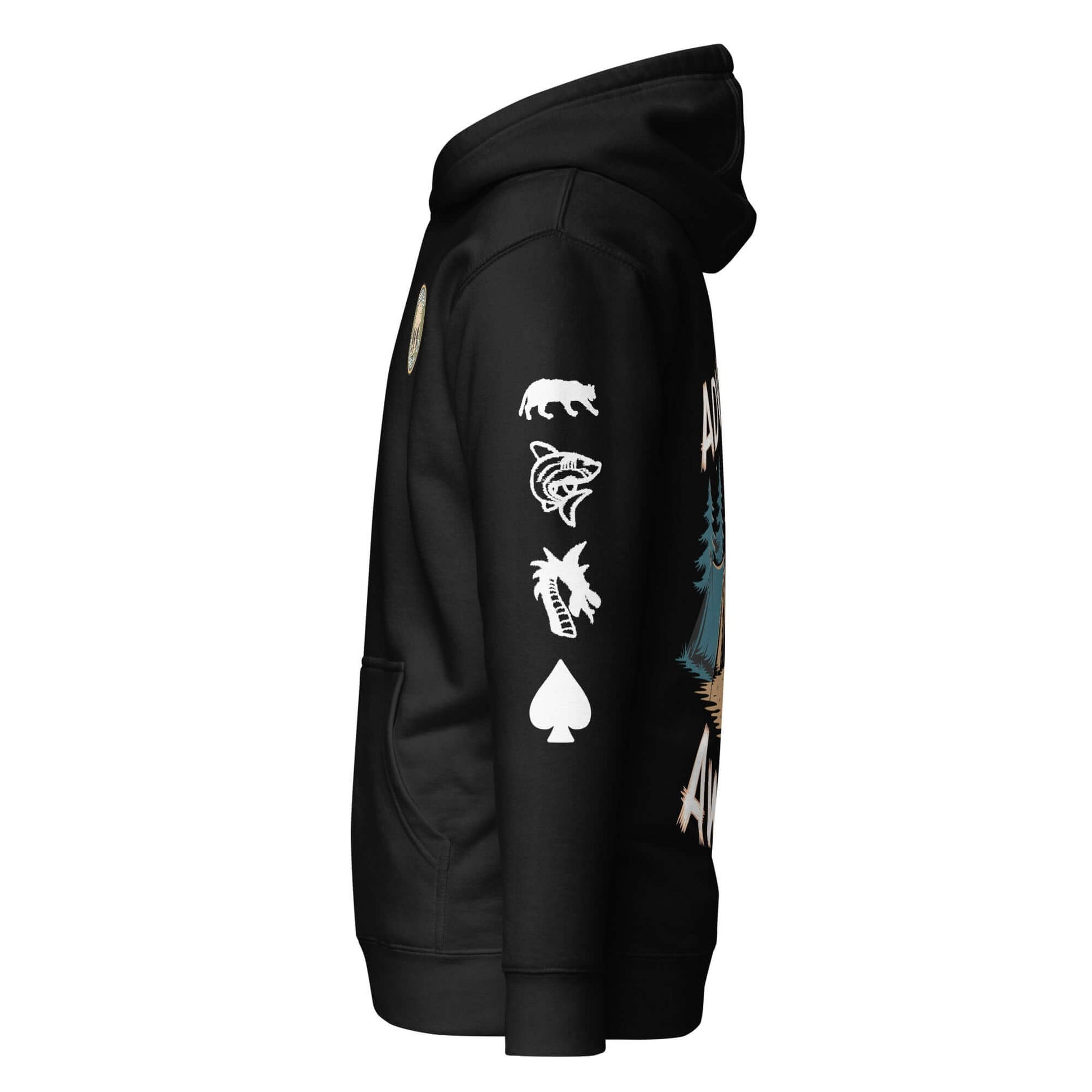 Side view of Adult Unisex Hiking Ultimate Edition Hoodie showcasing unique graphic designs and a cozy fit.