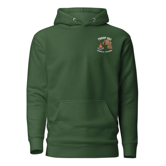 Adult Unisex Hoodie - ASM - Camping Standard Edition for Troop 262 in green, featuring campfire design and logo.