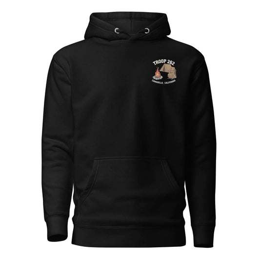 Black Adult Unisex Hoodie featuring Troop 262 design for camping enthusiasts and everyday wear.