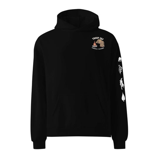 Black oversized hoodie with Troop 224 design and camping-themed graphics on sleeves.
