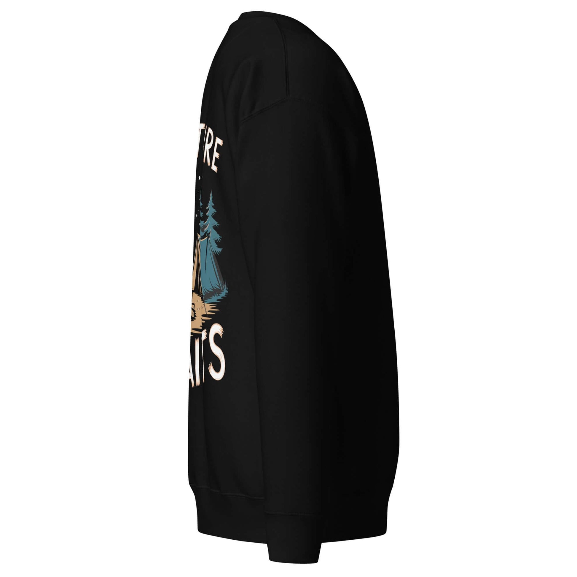 Side view of Adult Unisex Premium Sweatshirt, featuring a camping design and ribbed crew neck.