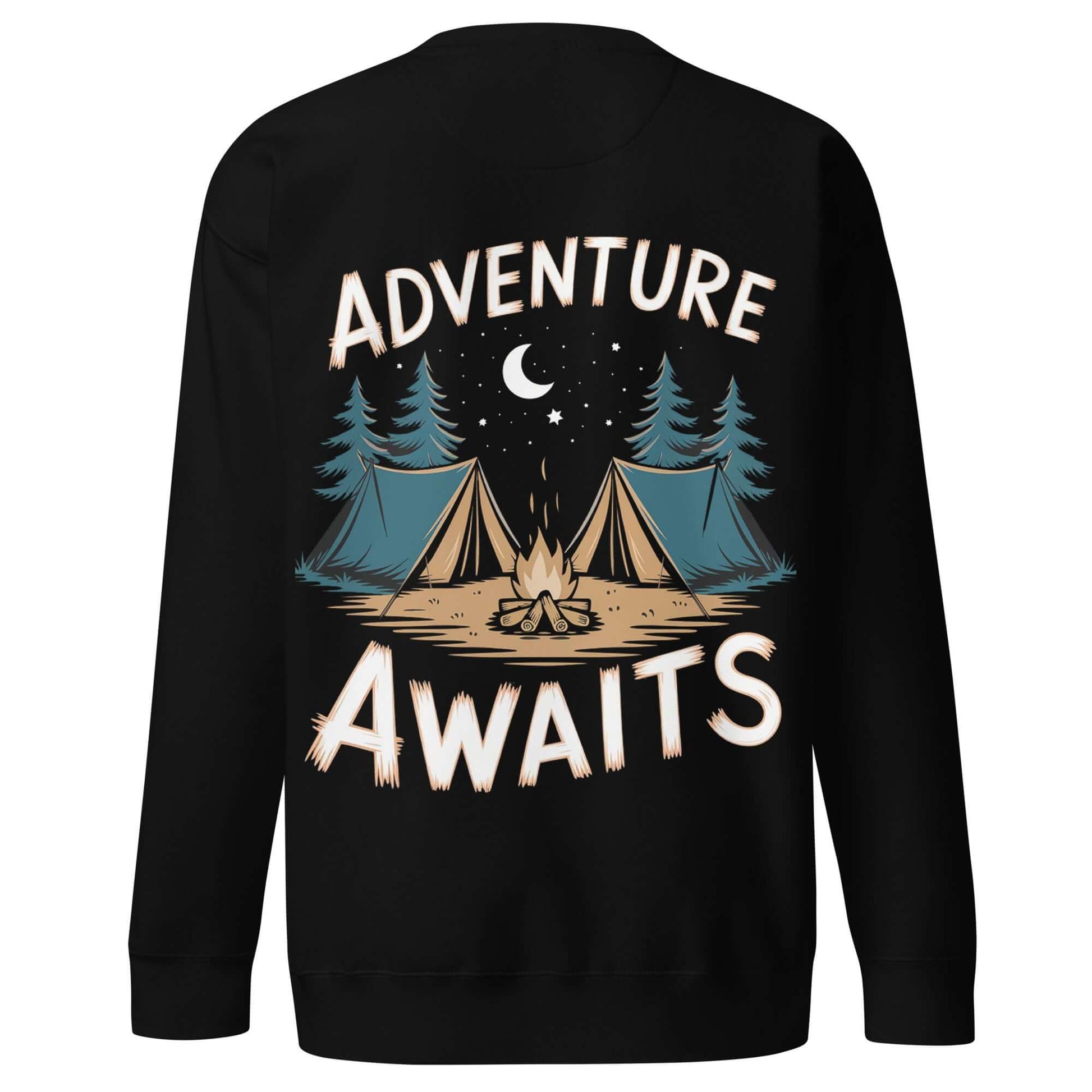 Black sweatshirt featuring camping design with text 'Adventure Awaits', perfect for outdoor enthusiasts.