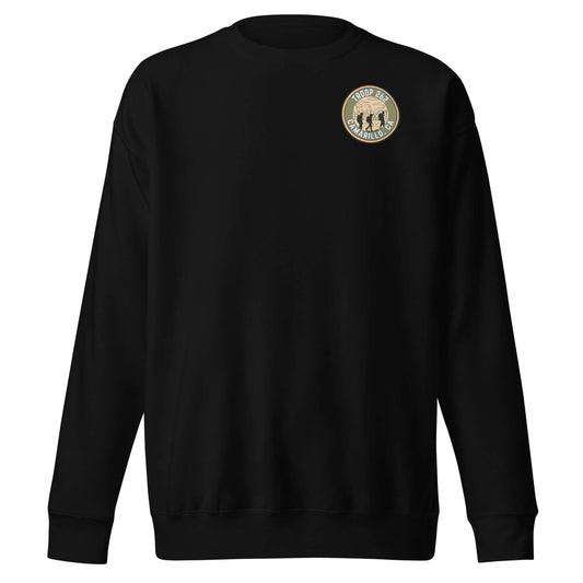 Adult unisex premium sweatshirt in black with hiking logo, ideal for outdoor adventures and casual wear.