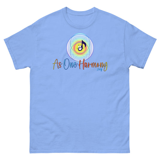 Light blue unisex classic tee featuring 'As One Harmony' logo with music note design.