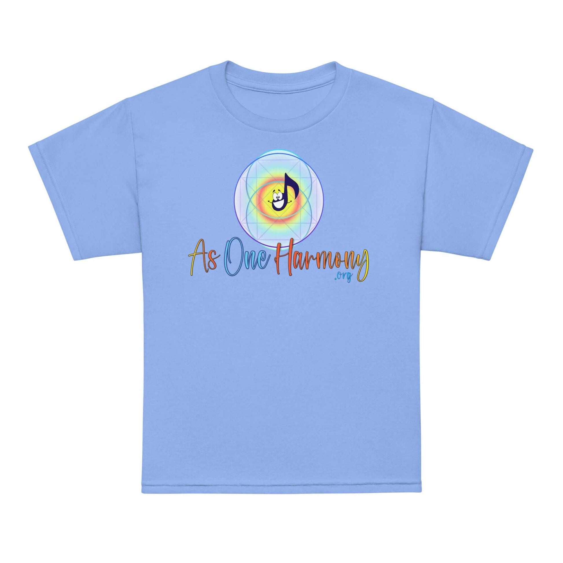 Youth moisture-wicking t-shirt in blue with 'As One Harmony' design, perfect for active and comfortable wear.