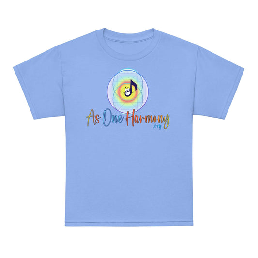 Youth moisture-wicking t-shirt in blue with 'As One Harmony' design, perfect for active and comfortable wear.