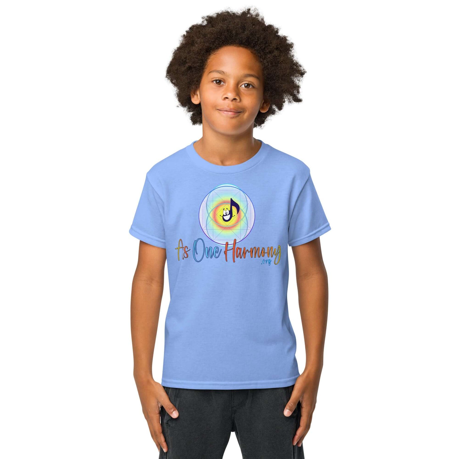 Youth moisture-wicking t-shirt in blue featuring 'As One Harmony' graphic, perfect for active kids.