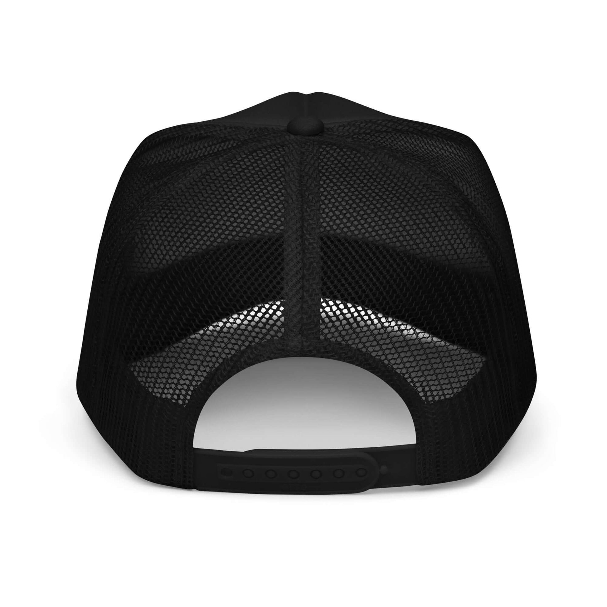 Black foam trucker hat with mesh back and adjustable snap closure, offering breathability and a comfortable fit.
