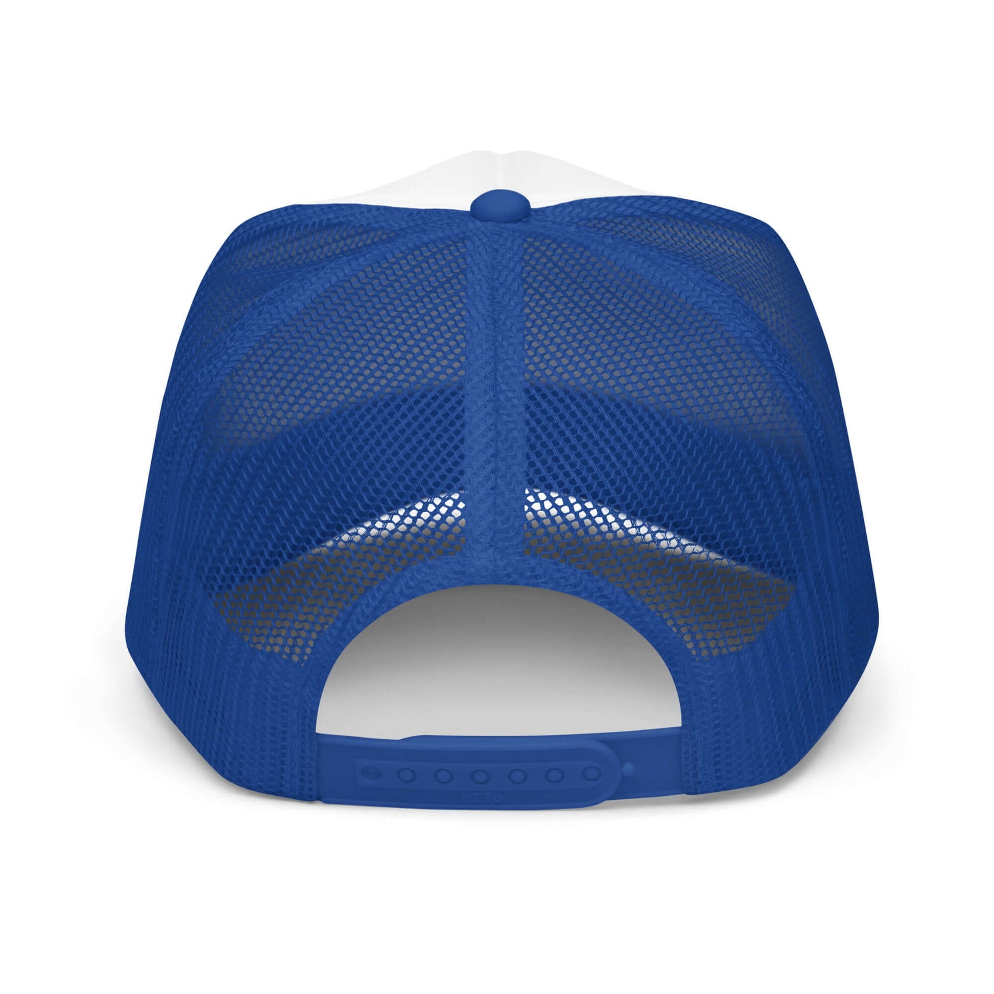 Blue foam trucker hat with adjustable snap and breathable mesh back view.