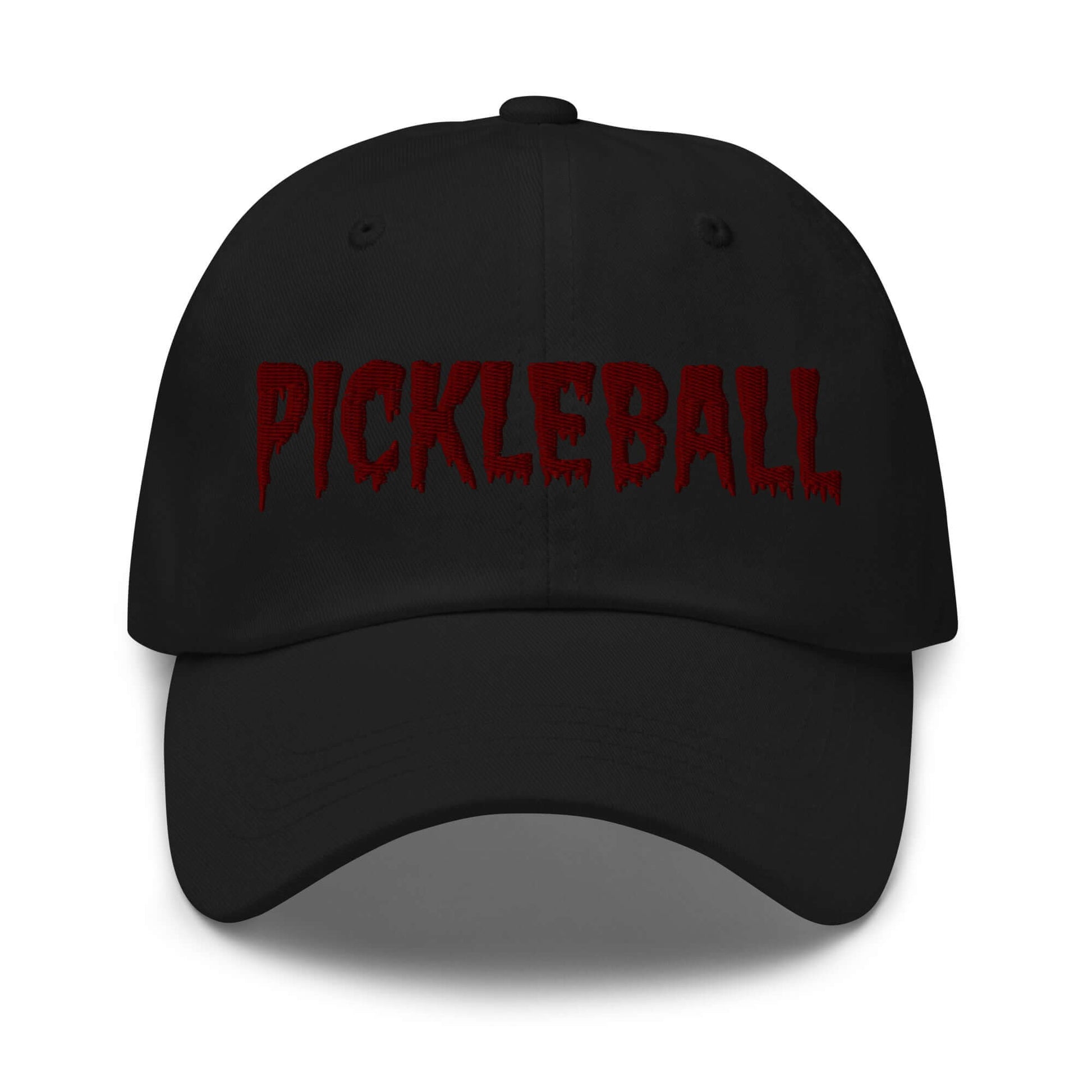 Haunted Pickleball Spirit Hat with maroon spooky font on black baseball cap.