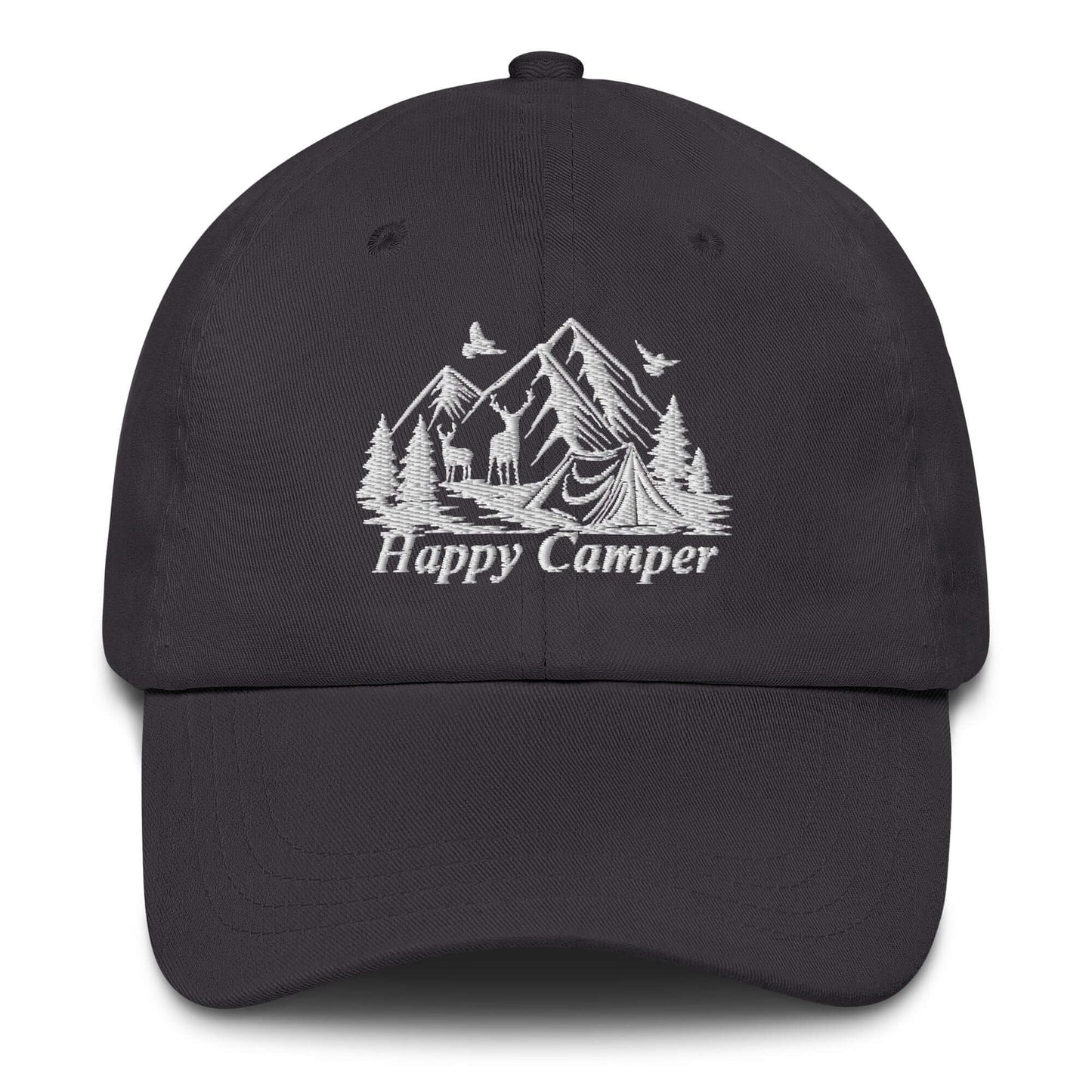 Black happy camper cap with mountain and camping embroidery design, perfect for outdoor adventures and nature lovers.