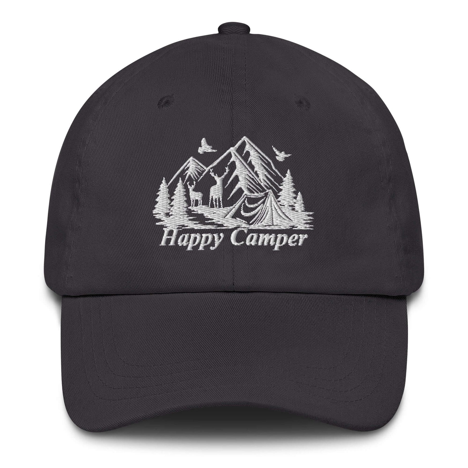 Black happy camper cap with mountain and camping embroidery design, perfect for outdoor adventures and nature lovers.