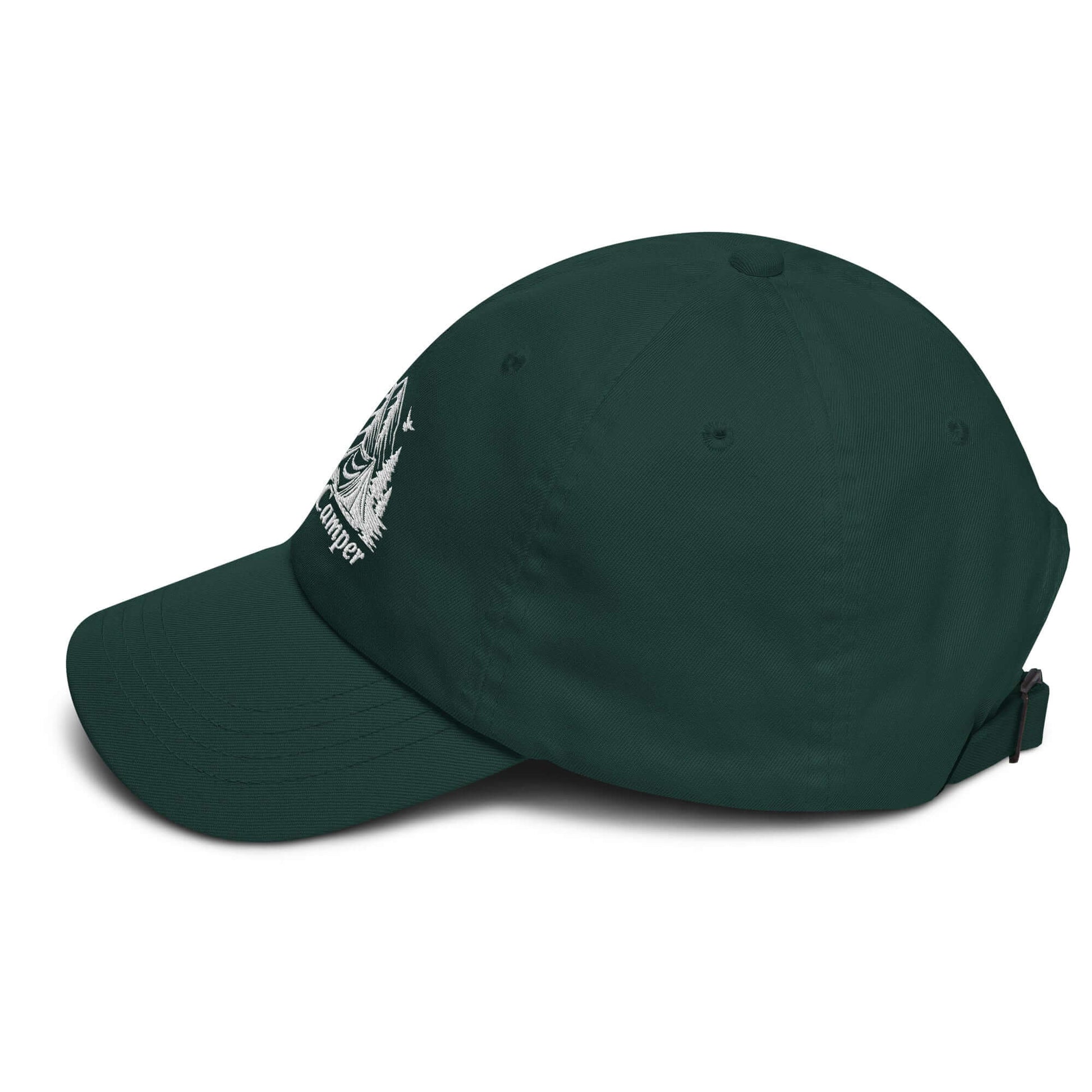 Dark green Happy Camper Low Profile Cap with adjustable strap, featuring a nature-themed design, ideal for outdoor adventures.
