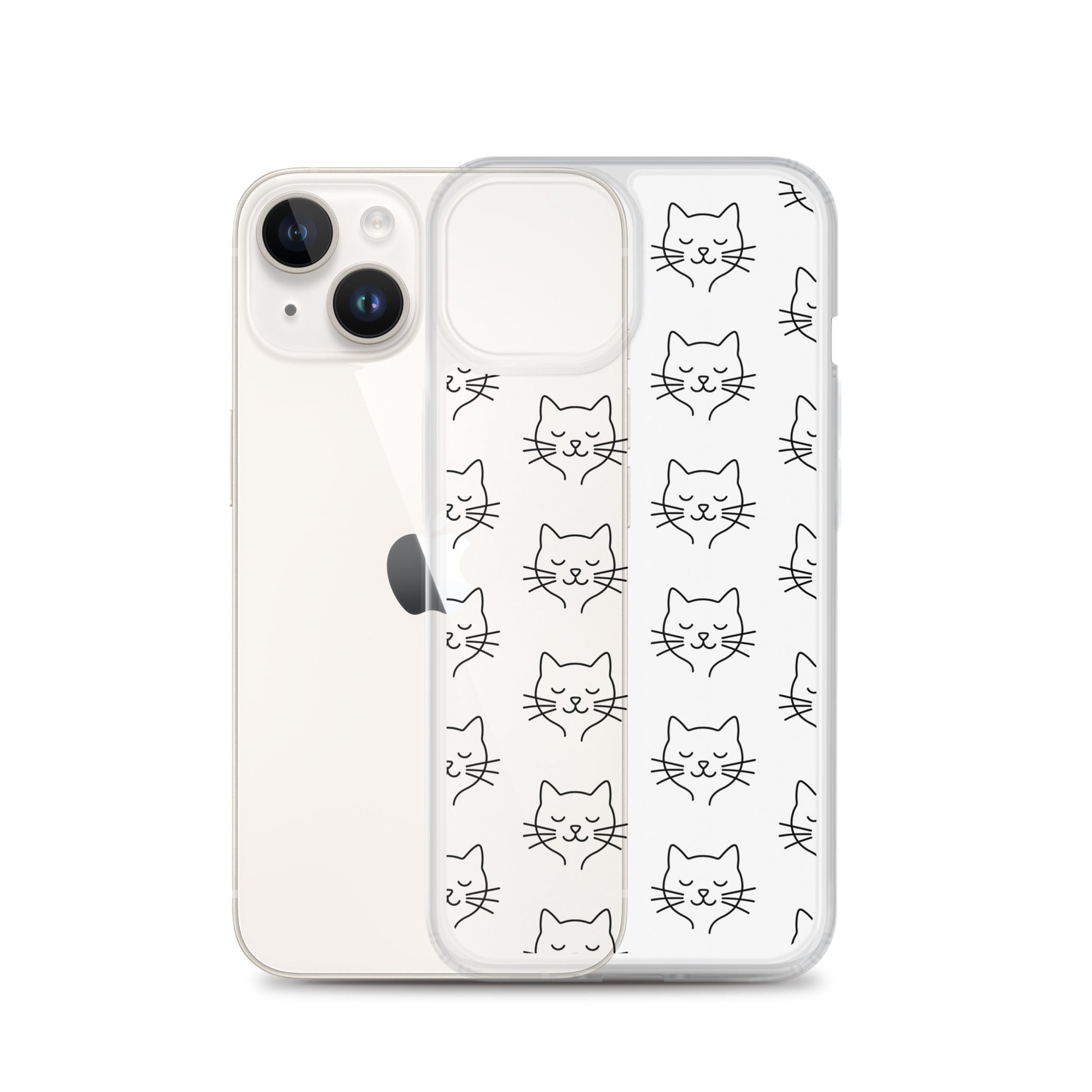 Phone Case for iPhone with cute cat face pattern and transparent design, offering charm and protection.
