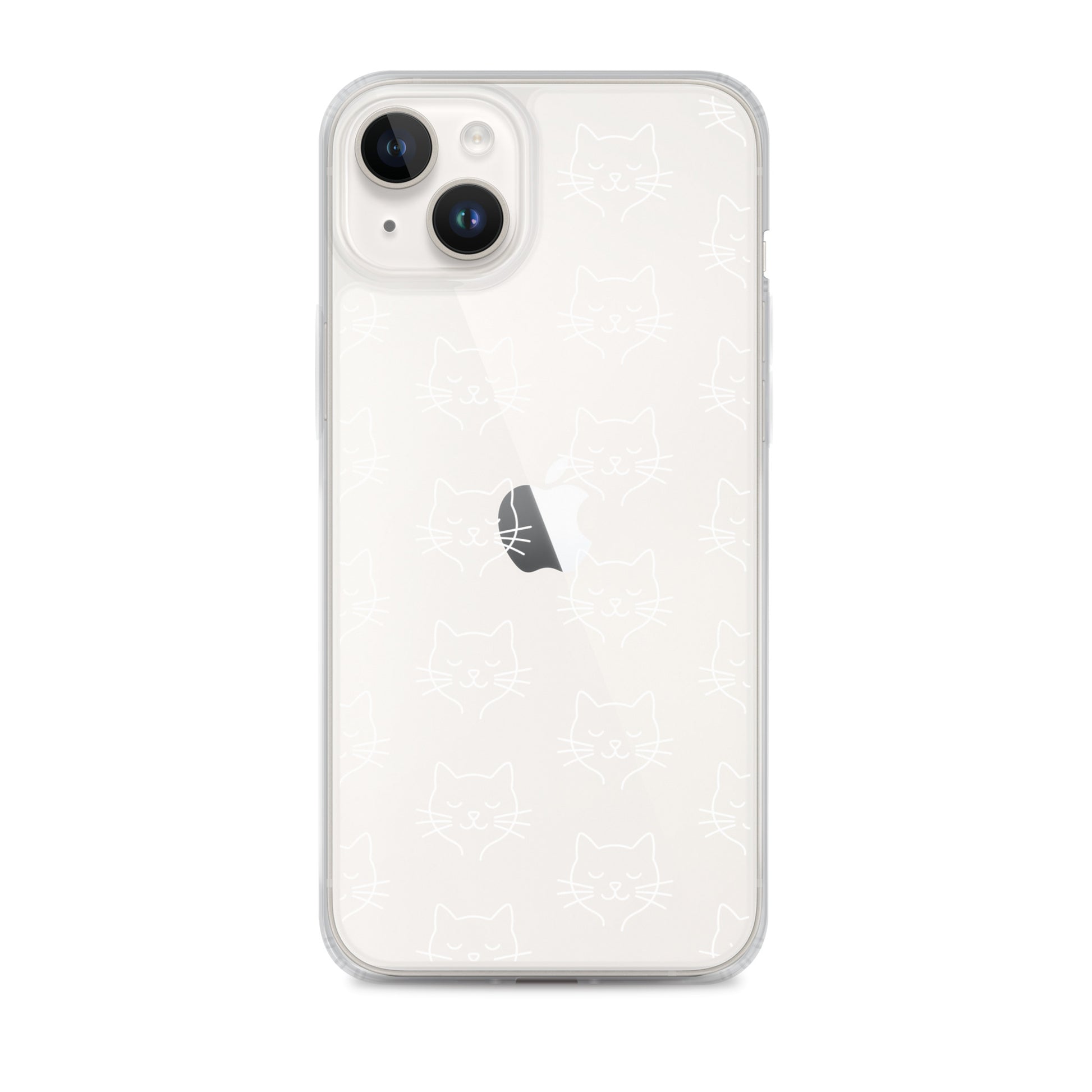 Phone Case for iPhone with cute cat face pattern in a clear design, showing off a playful feline aesthetic.