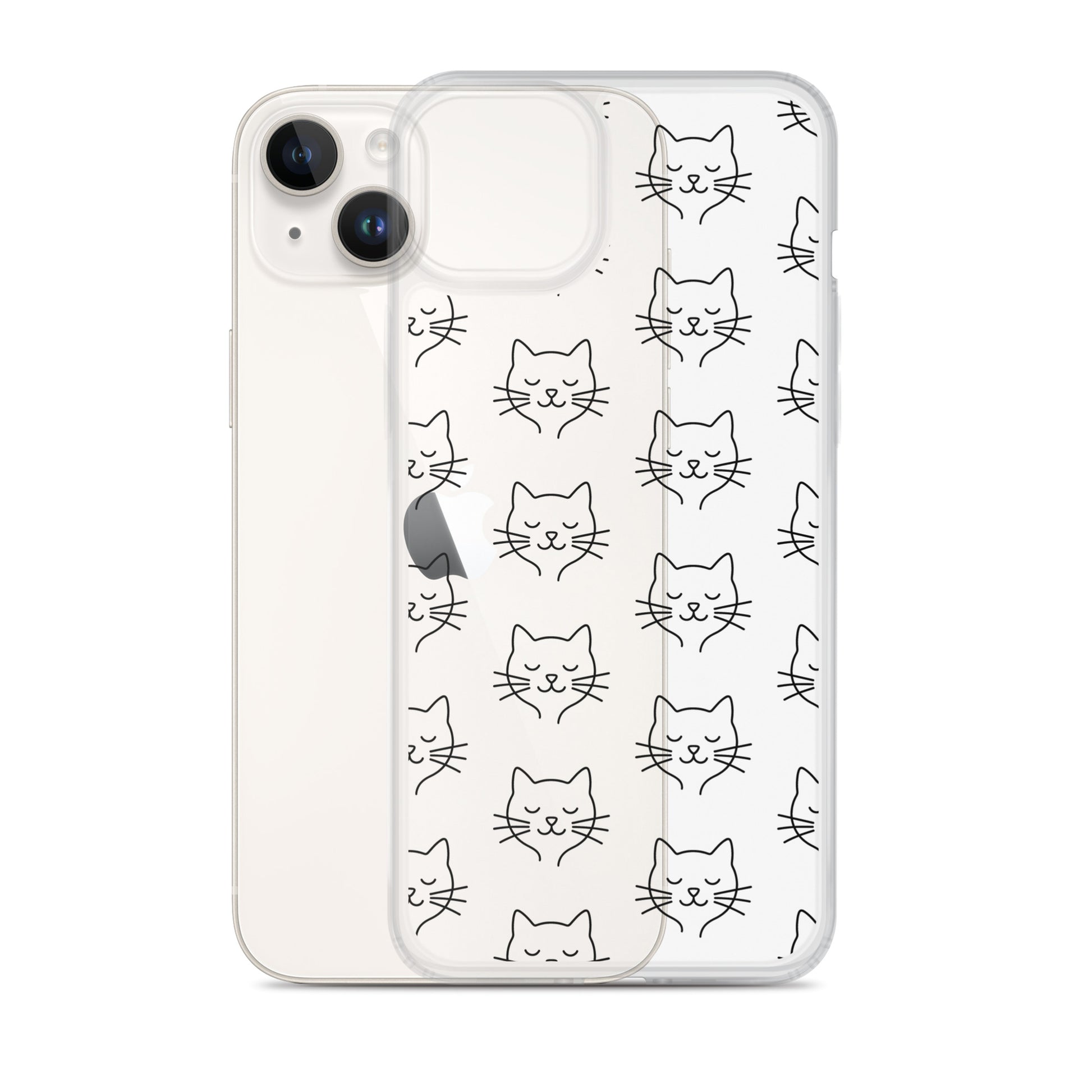 Phone Case for iPhone featuring a cute cat face pattern in a clear design, perfect for pet lovers.