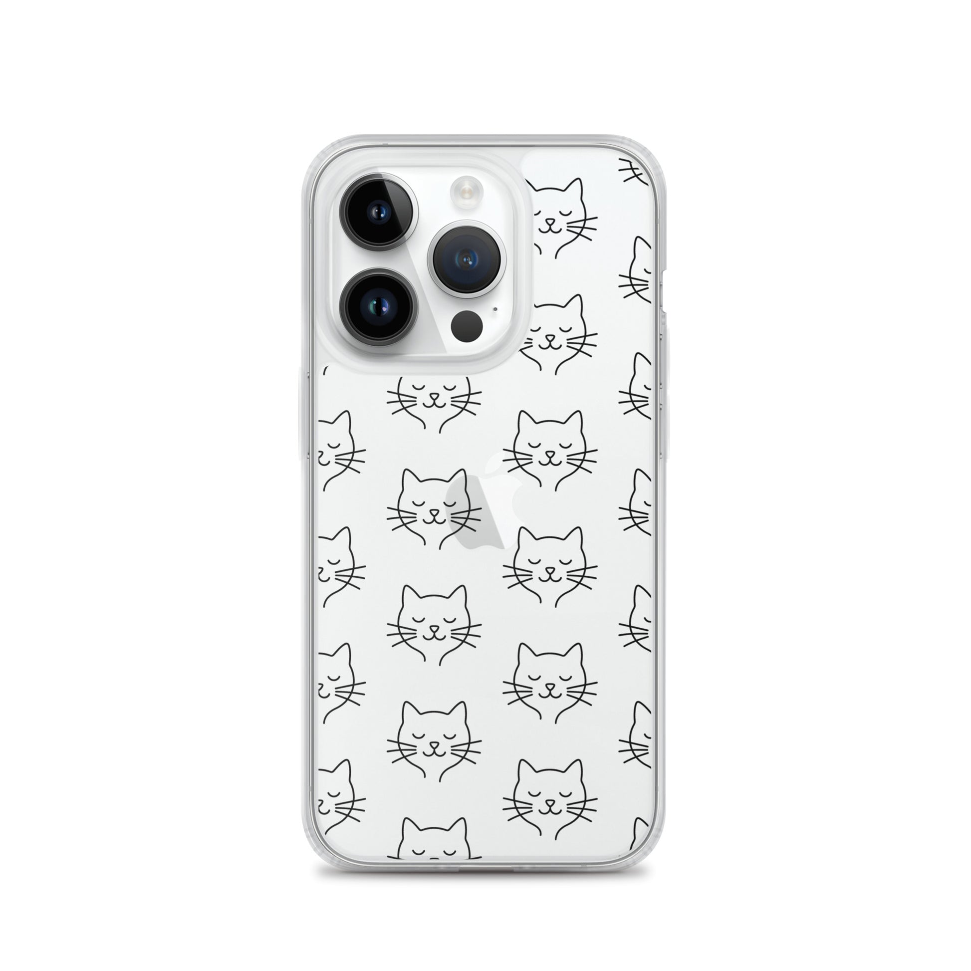 Phone Case for iPhone featuring a cute cat face pattern on a clear case, showcasing minimalist design and pet lover charm.