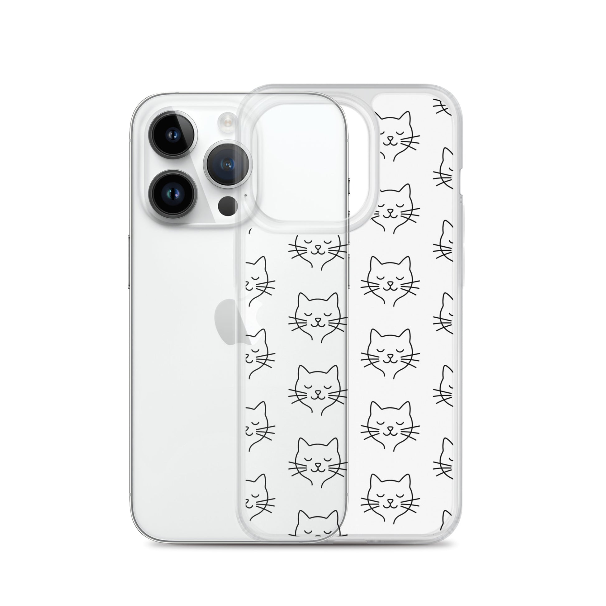 Phone Case for iPhone featuring a cute cat face pattern and transparent design for pet lovers.