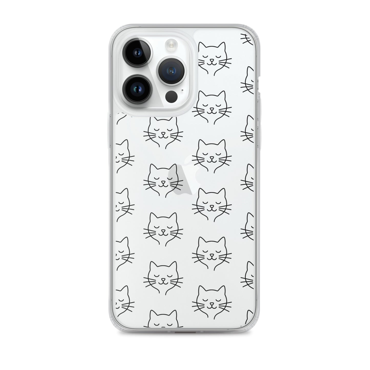 Phone Case for iPhone featuring a cute cat face pattern on a clear background, ideal for pet lovers.
