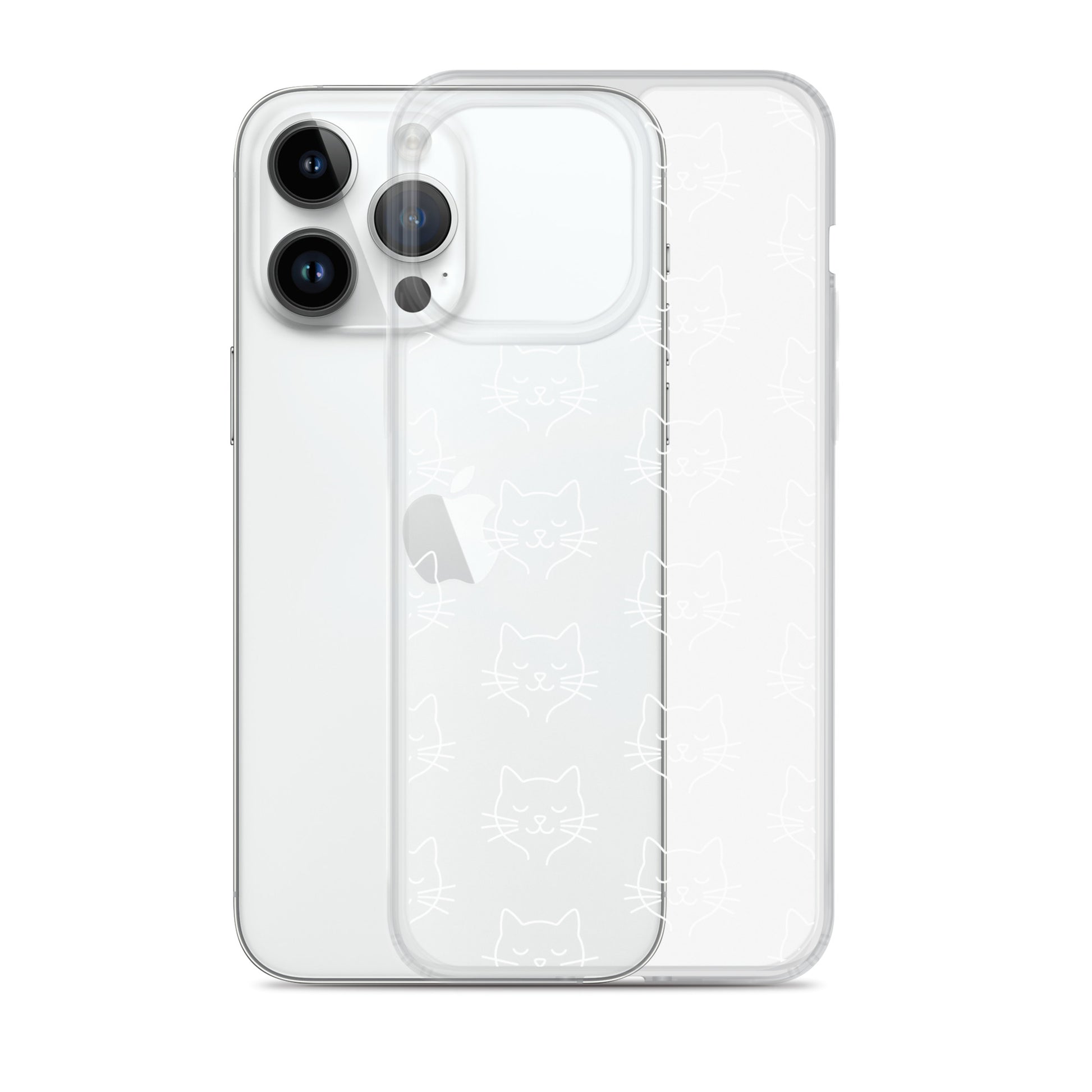 Phone Case for iPhone with cute cat face pattern, transparent design showcasing feline charm.