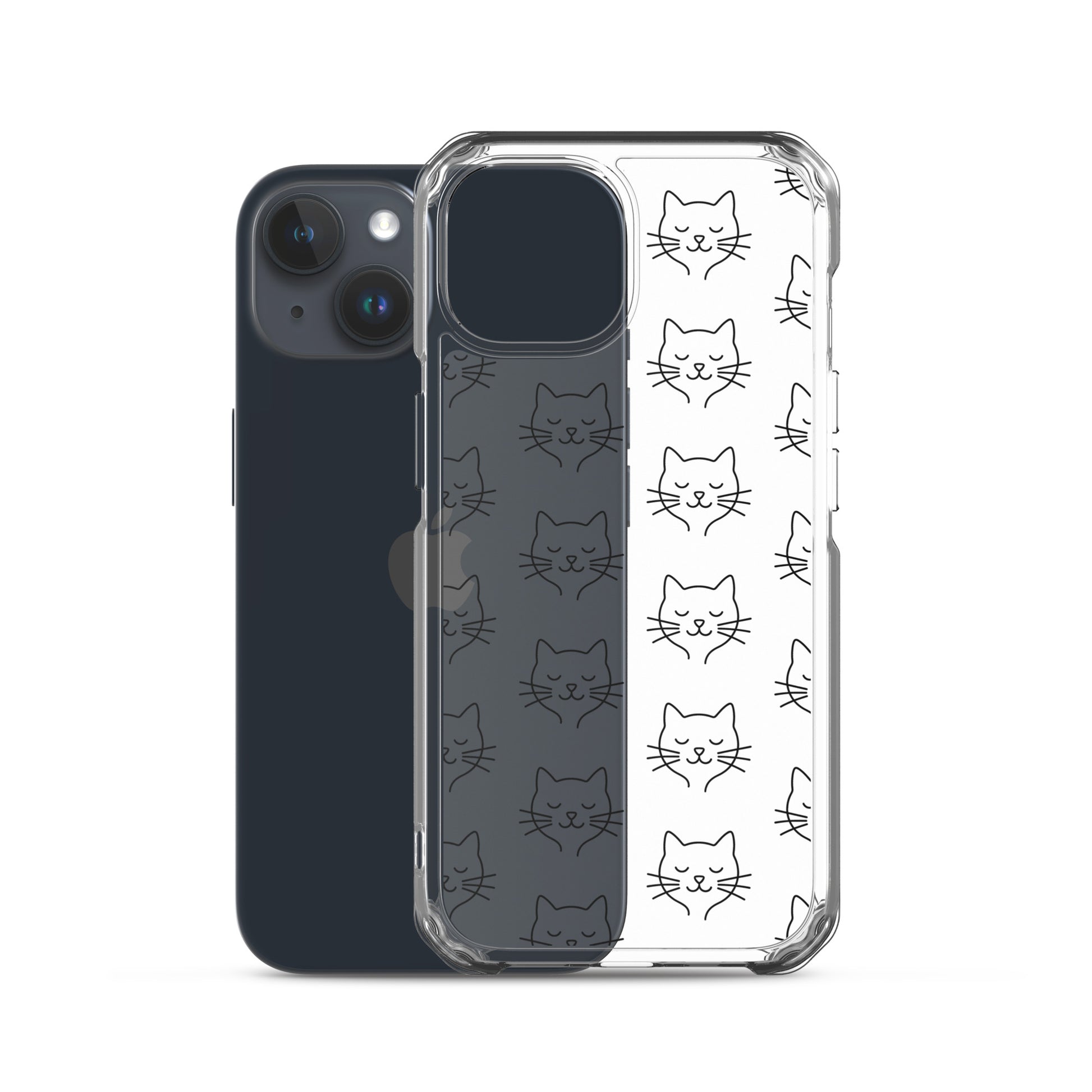 Phone Case for iPhone with cute cat face pattern, clear design showcasing minimalistic cat artwork.