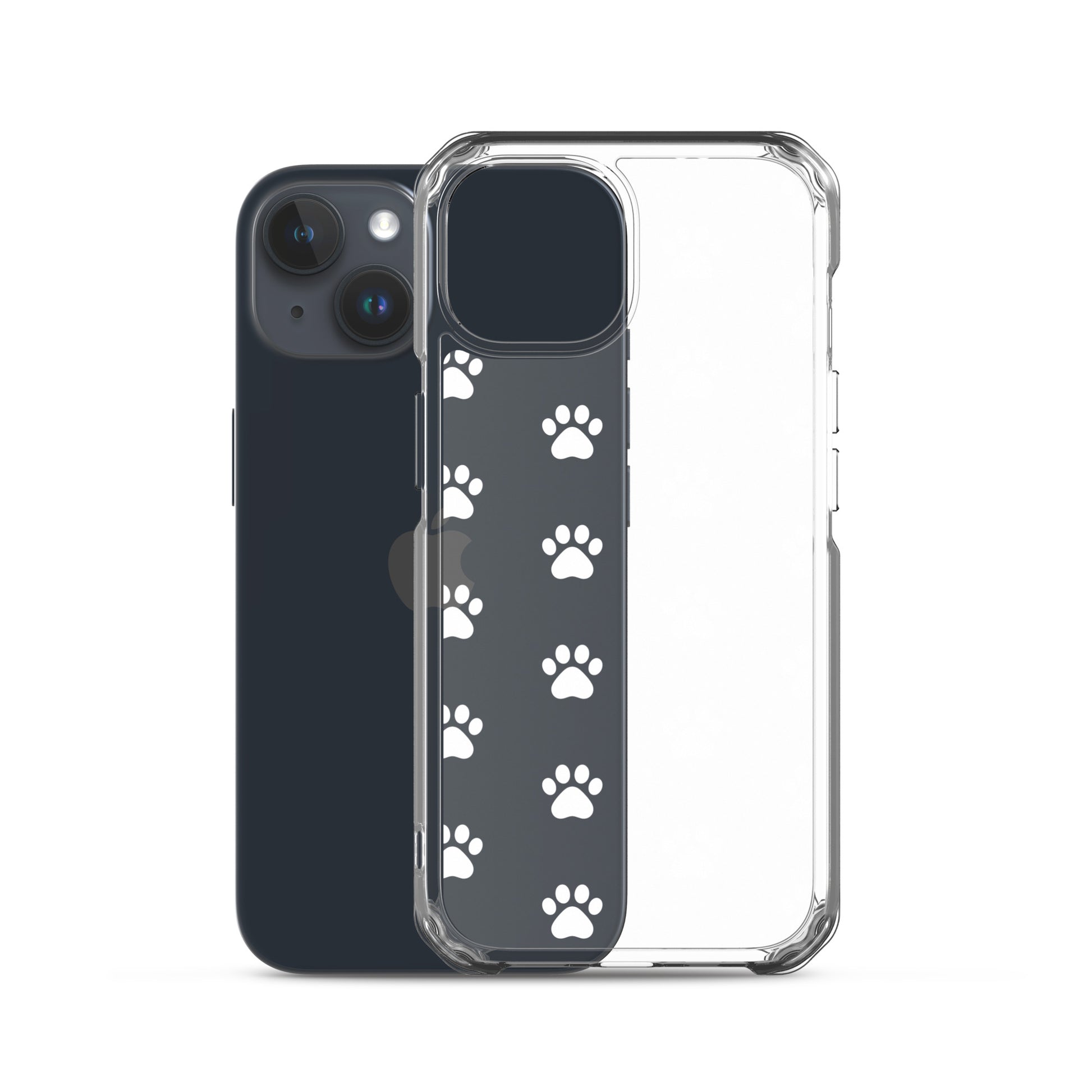 Phone Case for iPhone with playful paw print pattern, minimalist style for pet lovers, clear finish showing phone color.