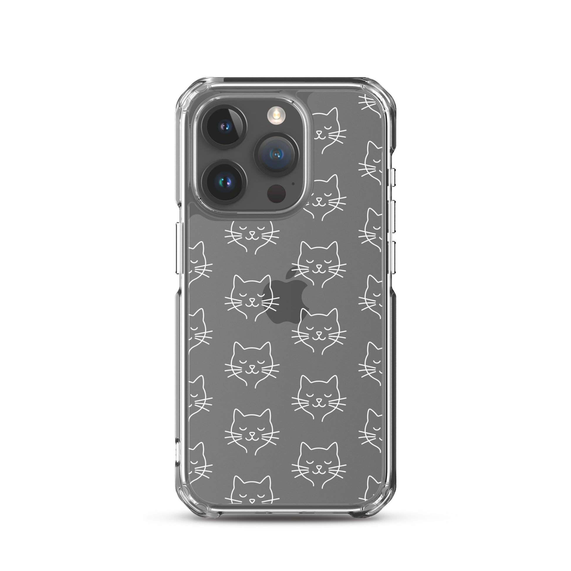 Phone Case for iPhone featuring cute cat face pattern on a clear case, perfect for cat lovers.
