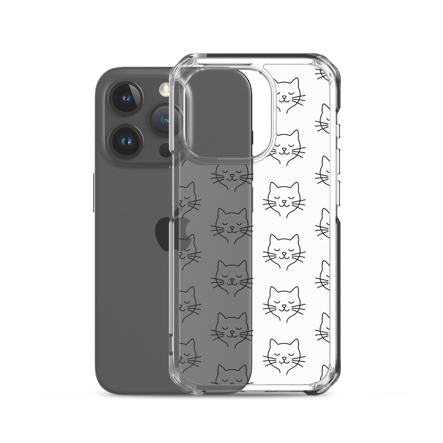Phone Case for iPhone with cute cat face pattern on a clear case displaying a minimalist design.