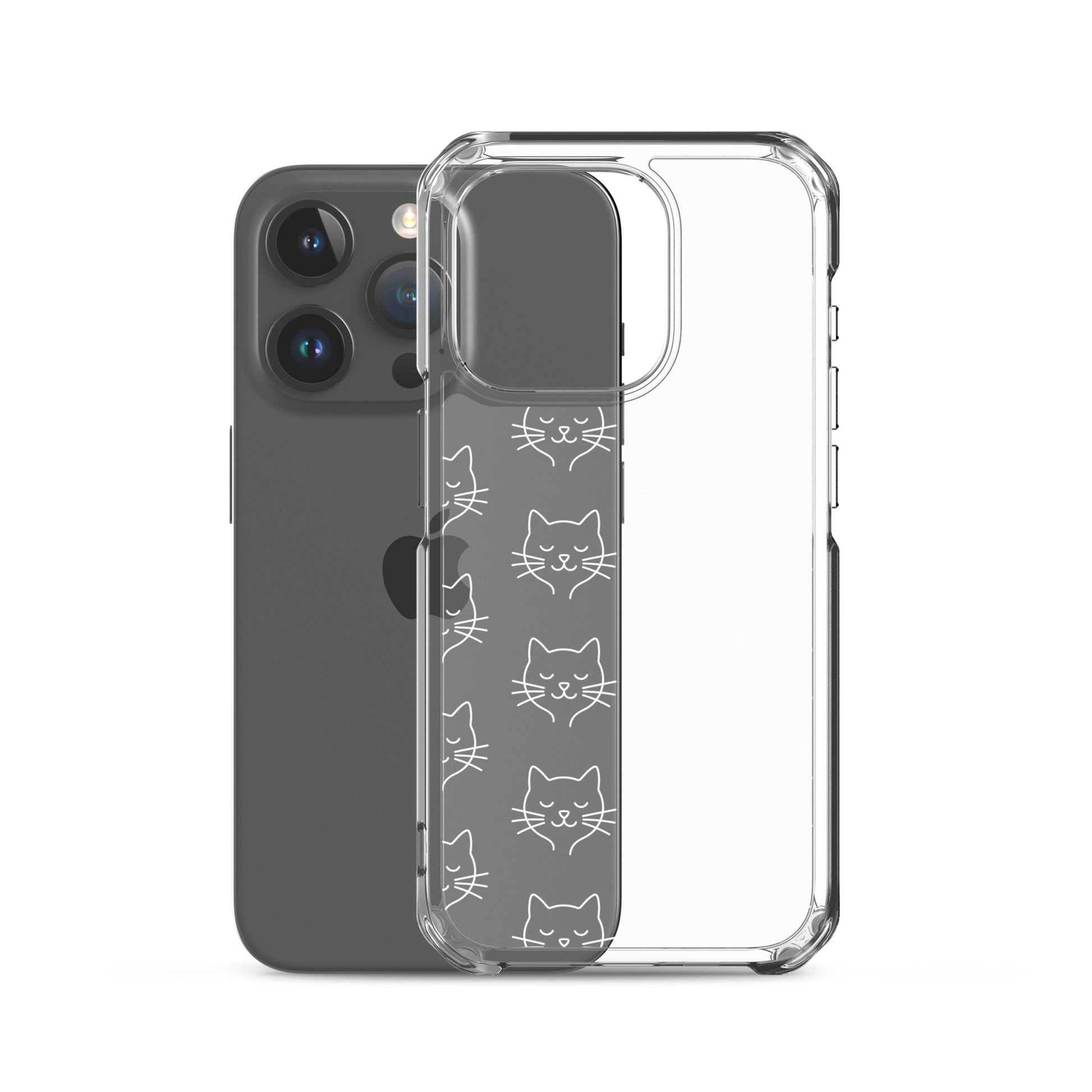 Phone Case for iPhone featuring cute cat face pattern on a clear case, showcasing style and protection.