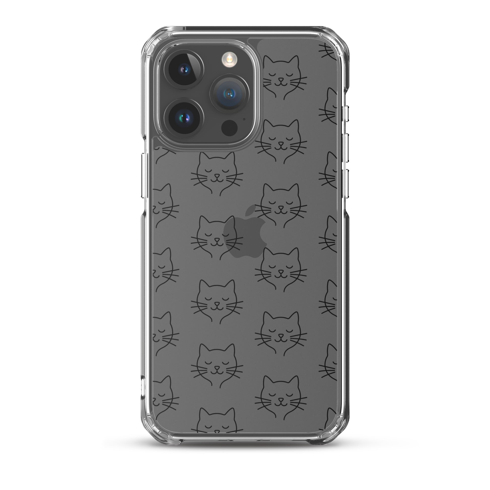 Phone Case for iPhone featuring a cute minimalist cat face pattern on a clear background.