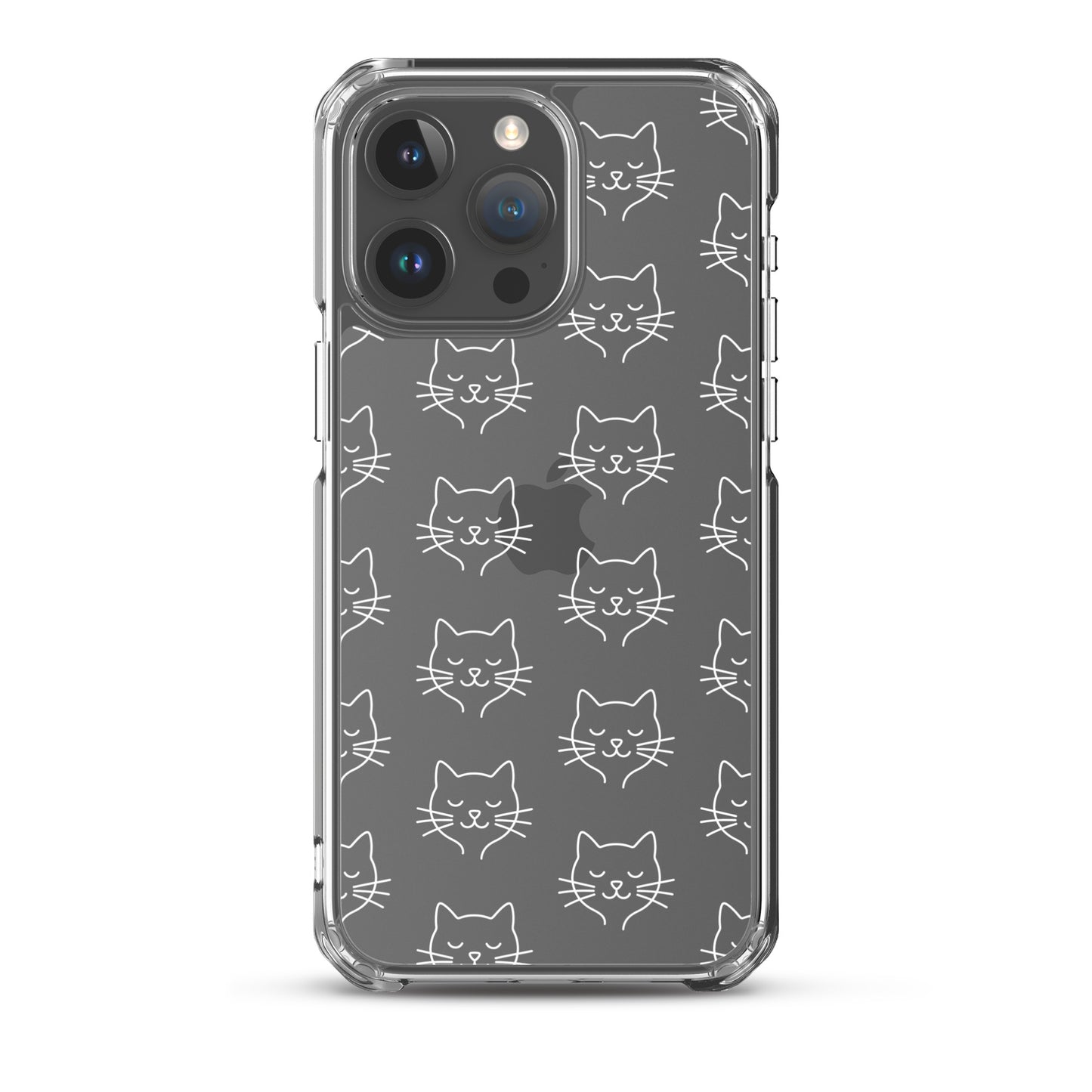 Phone Case for iPhone featuring a cute cat face pattern on a clear background.