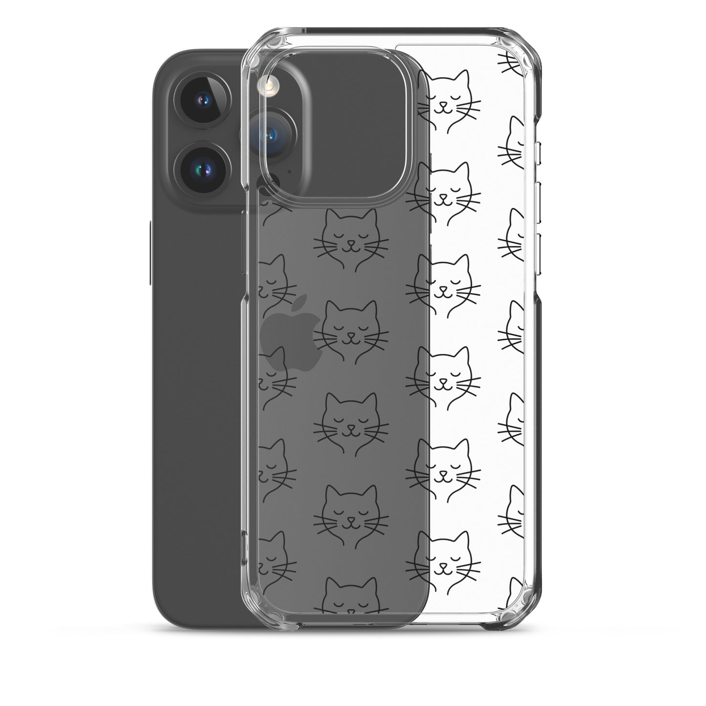 Phone Case for iPhone featuring a cute cat face pattern on a clear design, ideal for pet lovers.