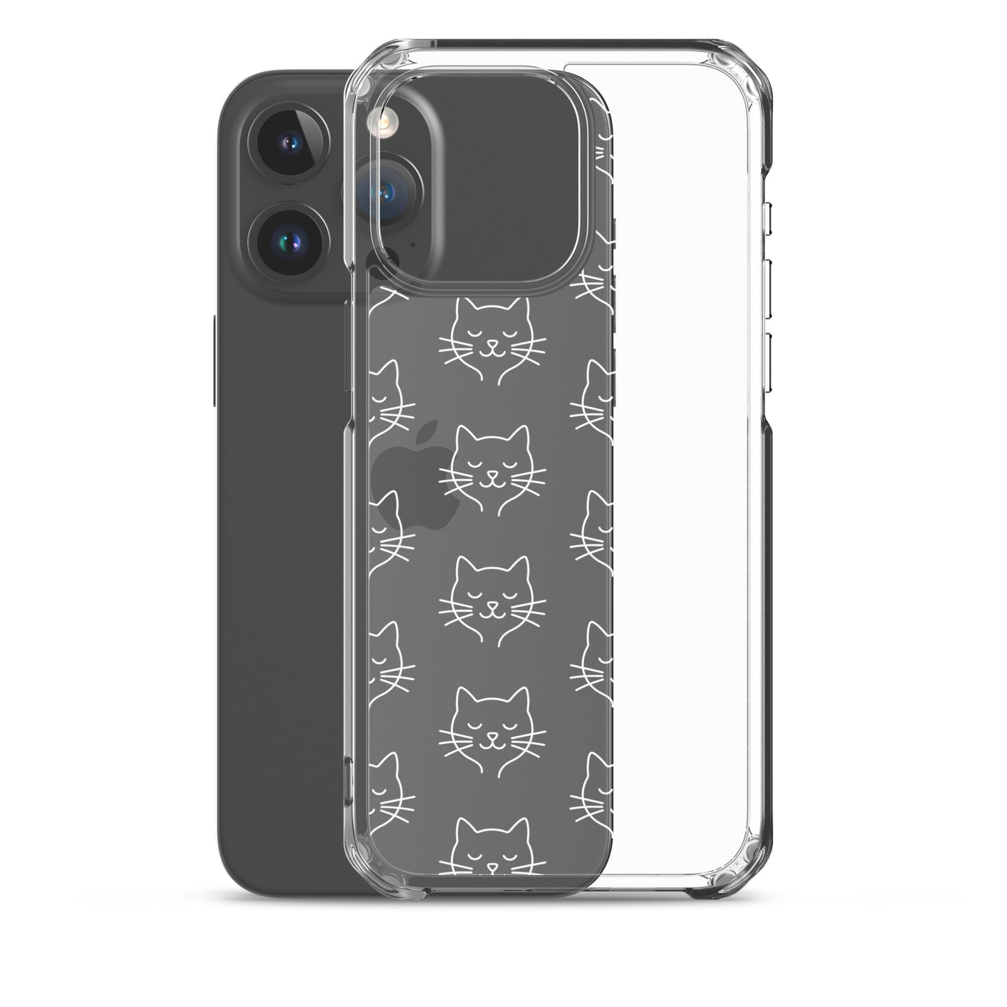 Phone Case for iPhone featuring a cute cat face pattern on a clear case, perfect for cat lovers.