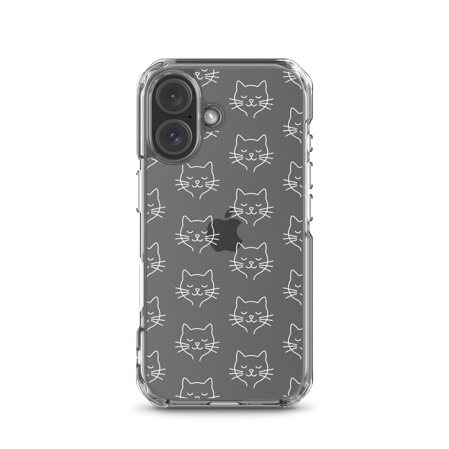 Phone Case for iPhone featuring a cute cat face pattern on a clear background, ideal for cat lovers.