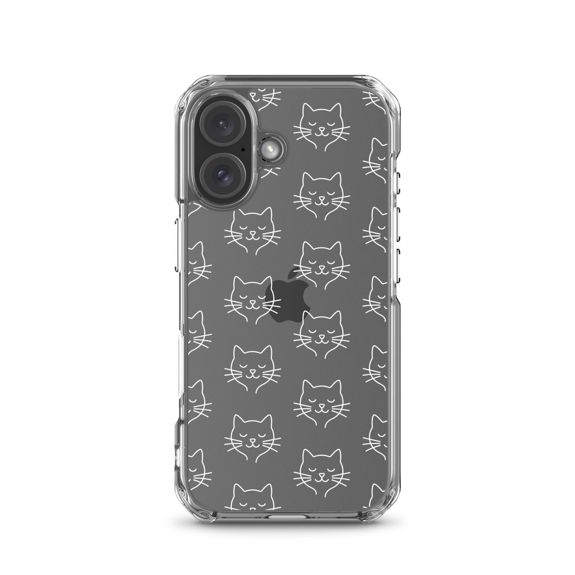 Phone Case for iPhone featuring a cute cat face pattern on a clear background, ideal for cat lovers.
