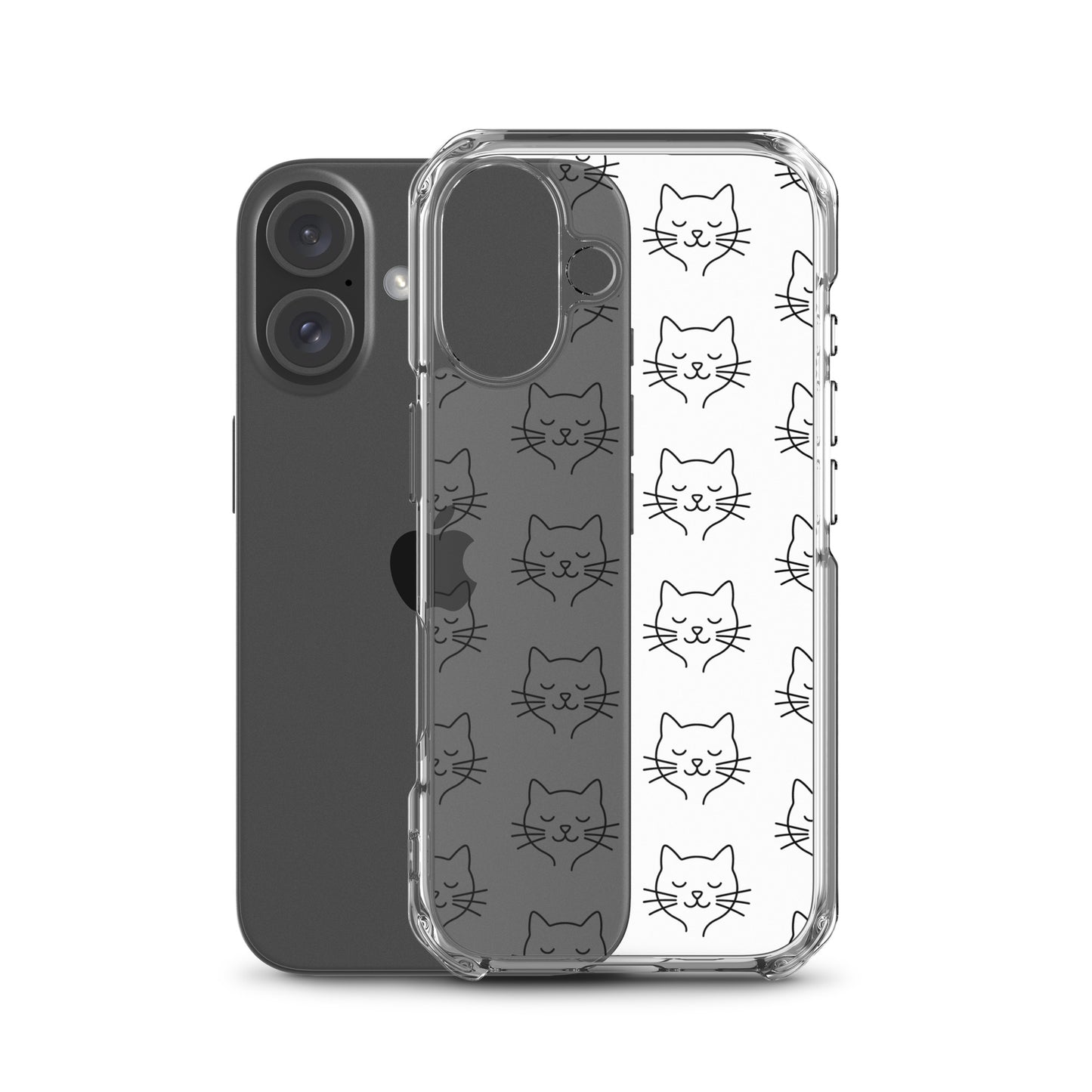 Phone Case for iPhone featuring a cute cat face pattern on a clear case, showcasing minimalist design.