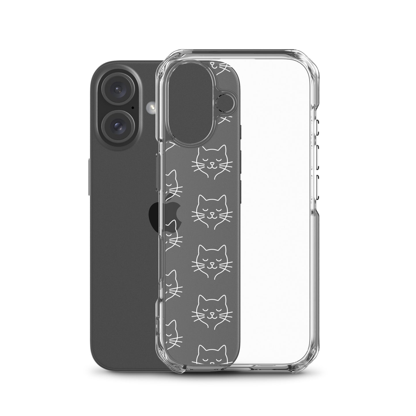 Phone Case for iPhone featuring a cute cat face pattern on a clear case.