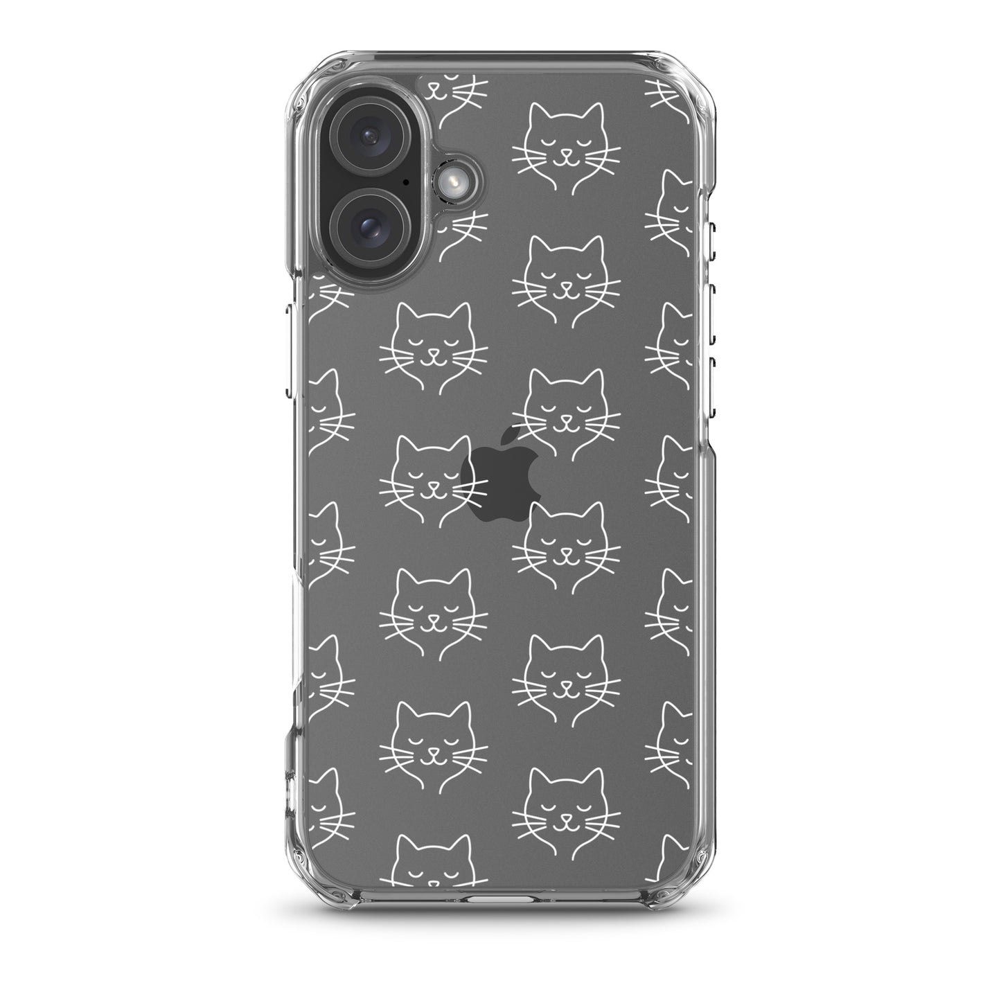 Phone Case for iPhone featuring cute cat face pattern on a clear case with black minimalist line design.