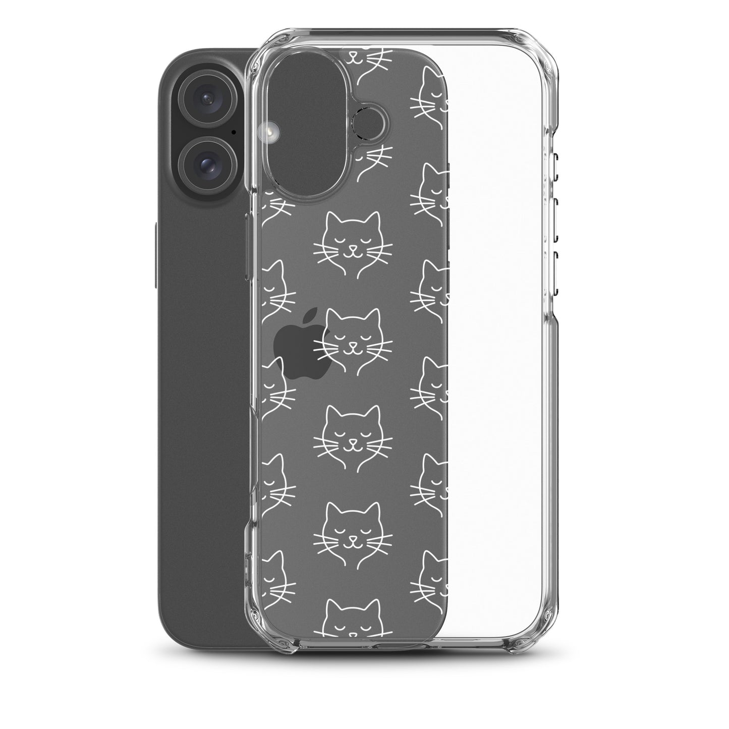 Phone Case for iPhone featuring cute cat face pattern on a clear design, showcasing playful charm and protection.