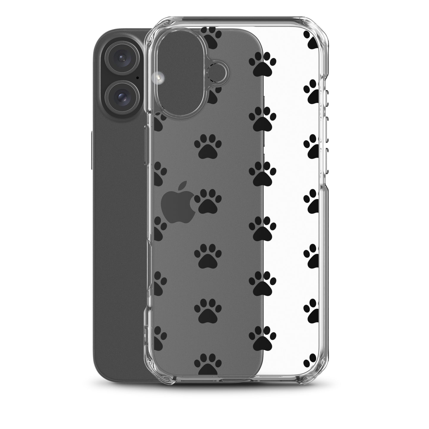 Phone Case for iPhone featuring paw print pattern, minimalist pet lover style with transparent finish.