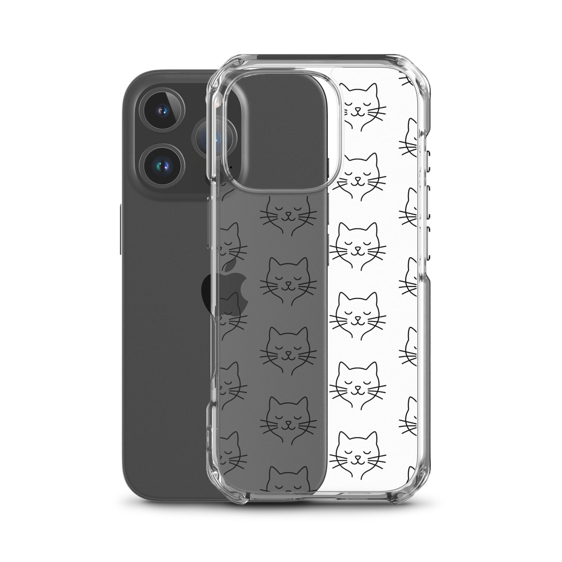 Phone Case for iPhone featuring a cute cat face pattern on a clear case design.