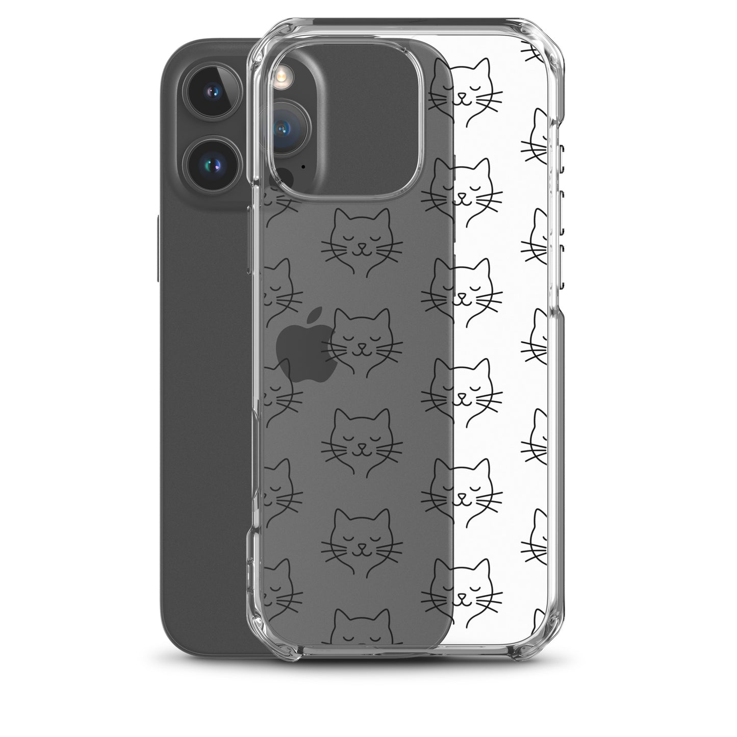 Phone Case for iPhone featuring a cute cat face pattern on a clear case, showcasing stylish protection.