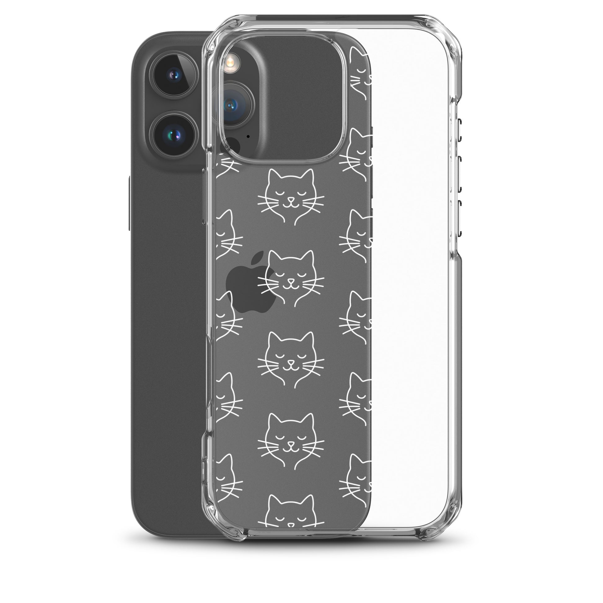 Phone Case for iPhone featuring a cute cat face pattern on a clear case, designed for cat lovers.